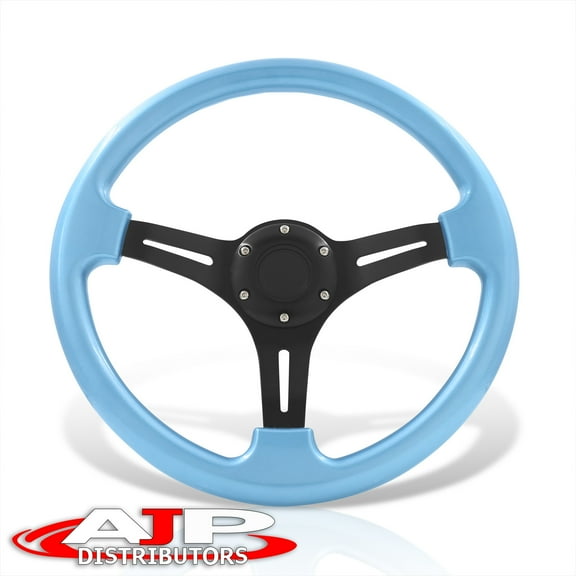 AJP Distributors Universal 350mm 14" 6-Bolt Hole Light Weight Aluminum Steering Wheel Heavy Duty Sky Blue Frame Black 3 Spokes + Horn Button JDM VIP Grip Drifting Sport Replacement