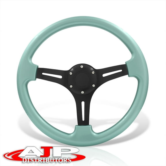 AJP Distributors Universal 350mm 14" 6-Bolt Hole Light Weight Aluminum Steering Wheel Heavy Duty Teal Frame Black 3-Spoke + Horn Button JDM VIP Grip Drifting Track Sport Replacement