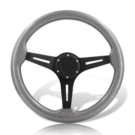 AJP Distributors Universal 350mm 14" 6 Bolt Holes Aluminum Steering Wheel Light Weight Metallic Gunmetal Wood Grain Deep Dish 3 Spoke Heavy Duty + Horn Button Replacement JDM Sport