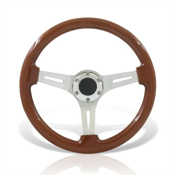 AJP Distributors Universal 350mm 14" 6 Bolts Hole Aluminum Steering Wheel Light Weight Wood Grain Silver Center Deep Dish 3 Spoke Heavy Duty + Horn Button Replacement JDM VIP Sport
