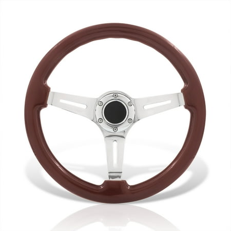 AJP Distributors Universal 350mm 14" 6 Bolts Hole Heavy Duty Steel Steering Wheel Dark Brown Wood Chrome Deep Dish 3 Spokes Light Weight + Horn Button Replacement JDM VIP Sport Grip