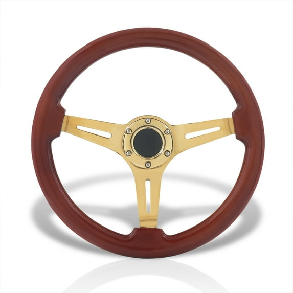 AJP Distributors Universal 350mm 14" 6 Bolts Hole Heavy Duty Steel Steering Wheel Light Wood Grain Gold Deep Dish 3 Spokes Light Weight w/ Horn Button Replacement JDM VIP Sport Grip