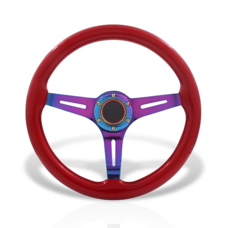 AJP Distributors Universal 350mm 14" 6 Bolts Hole Light Weight Steel Steering Wheel Red Wood Grain Neo Chrome Deep Dish 3 Spoke Heavy Duty + Horn Button Replacement JDM VIP Sport