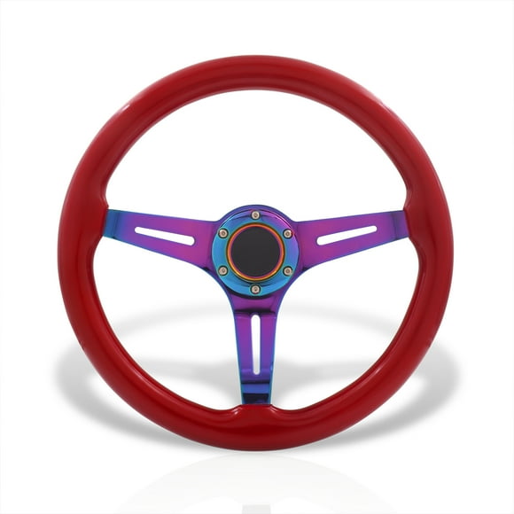 AJP Distributors Universal 350mm 14" 6 Bolts Hole Light Weight Steel Steering Wheel Red Wood Grain Neo Chrome Deep Dish 3 Spoke Heavy Duty + Horn Button Replacement JDM VIP Sport