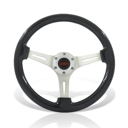 AJP Distributors Universal 350mm 14" 6 Bolts Holes Aluminum Light Weight Steering Wheel Black Wood Grain Chrome Deep Dish 3 Spoke Heavy Duty + Horn Button JDM VIP Sport Driving