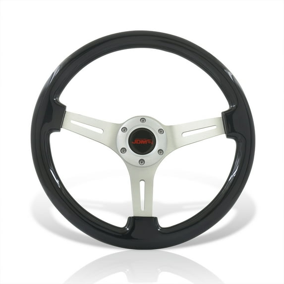 AJP Distributors Universal 350mm 14" 6 Bolts Holes Aluminum Light Weight Steering Wheel Black Wood Grain Chrome Deep Dish 3 Spoke Heavy Duty + Horn Button JDM VIP Sport Driving