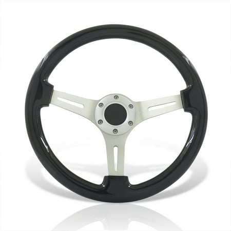 AJP Distributors Universal 350mm 14" 6 Bolts Holes Aluminum Light Weight Steering Wheel Black Wood Grain Chrome Deep Dish 3 Spoke Heavy Duty + Horn Button JDM VIP Sport Driving