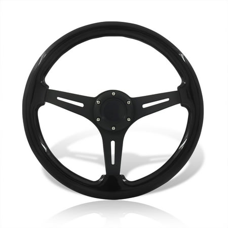 AJP Distributors Universal 350mm 14" 6 Bolts Holes Aluminum Light Weight Steering Wheel Black Wood Grain Deep Dish 3 Spoke Heavy Duty + Horn Button JDM VIP Sport Driving Drifting