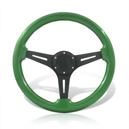 AJP Distributors Universal 350mm 14" 6 Bolts Holes Aluminum Light Weight Steering Wheel Green Wood Grain Black Deep Dish 3 Spoke Heavy Duty + Horn Button Replacement JDM VIP Sport
