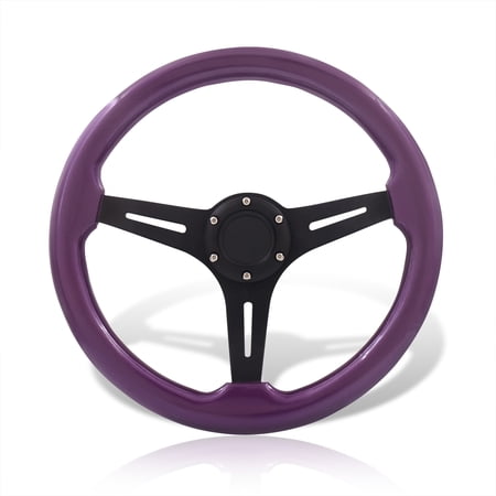 AJP Distributors Universal 350mm 14" 6 Bolts Holes Aluminum Steering Wheel Light Weight Purple Wood Grain Black Deep Dish 3 Spoke Heavy Duty + Horn Button Replacement JDM VIP Sport