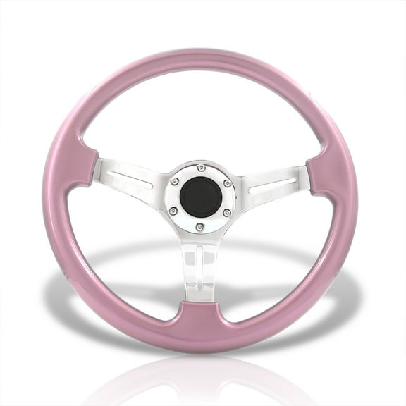 AJP Distributors Universal 350mm 14" 6 Bolts Holes Heavy Duty Pink Steering Wheel Chrome Steel Deep Dish 3 Spokes Light Weight + Horn Button Replacement JDM VIP Sport Drifting Grip