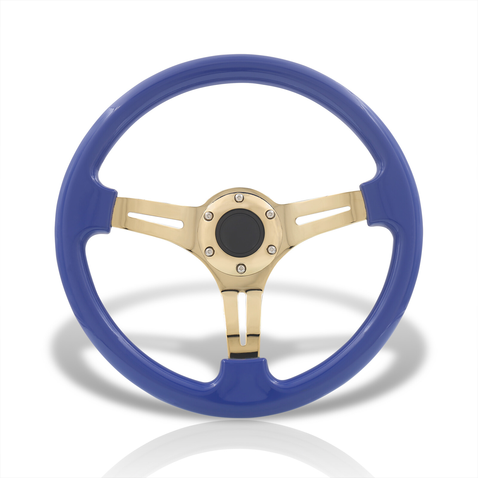 AJP Distributors Universal 350mm 14" 6 Bolts Holes Heavy Duty Steel Light Weight Blue Deep Dish Steering Wheel Horn Button Grip JDM Stance Sport Drifting 3 Spokes Gold Center