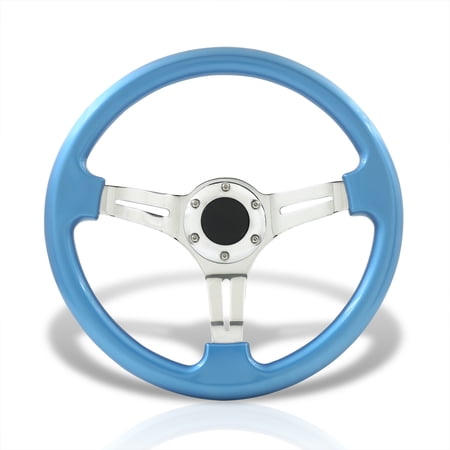 AJP Distributors Universal 350mm 14" 6 Bolts Holes Heavy Duty Steel Light Weight Deep Dish Steering Wheel Horn Button Grip Stance JDM VIP Sport Drifting 3 Spoke Center Sky Blue