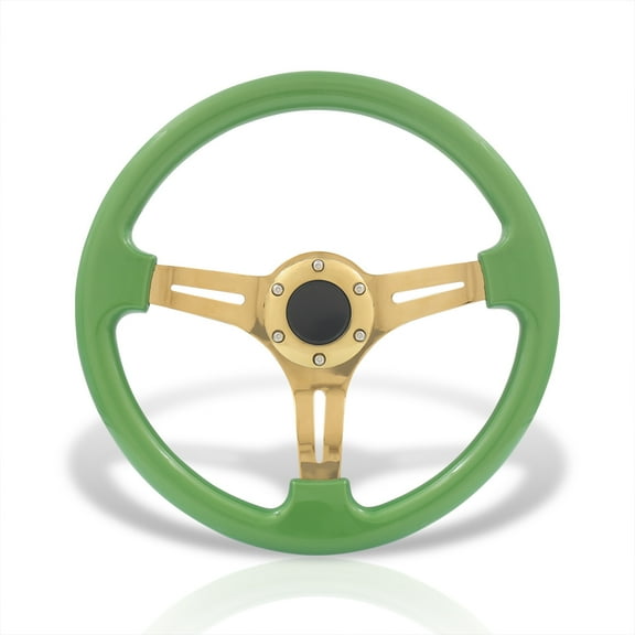 AJP Distributors Universal 350mm 14" 6 Bolts Holes Heavy Duty Steel Light Weight Green Deep Dish Steering Wheel Horn Button Grip JDM Stance Sport Drifting 3 Spokes Gold Center