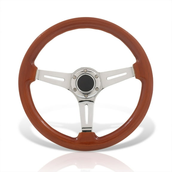 AJP Distributors Universal 350mm 14" 6 Bolts Holes Heavy Duty Steel Steering Wheel Light Brown Wood Chrome Deep Dish 3 Spokes Light Weight + Horn Button Replacement JDM VIP Sport