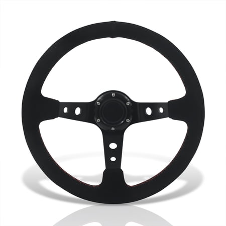 AJP Distributors Universal 350mm 14" All Black Suede 6 Bolts Holes Steering Wheel Red Stitching Light Weight Aluminum Deep Dish Spokes + Horn Button JDM Drifting Sport Replacement