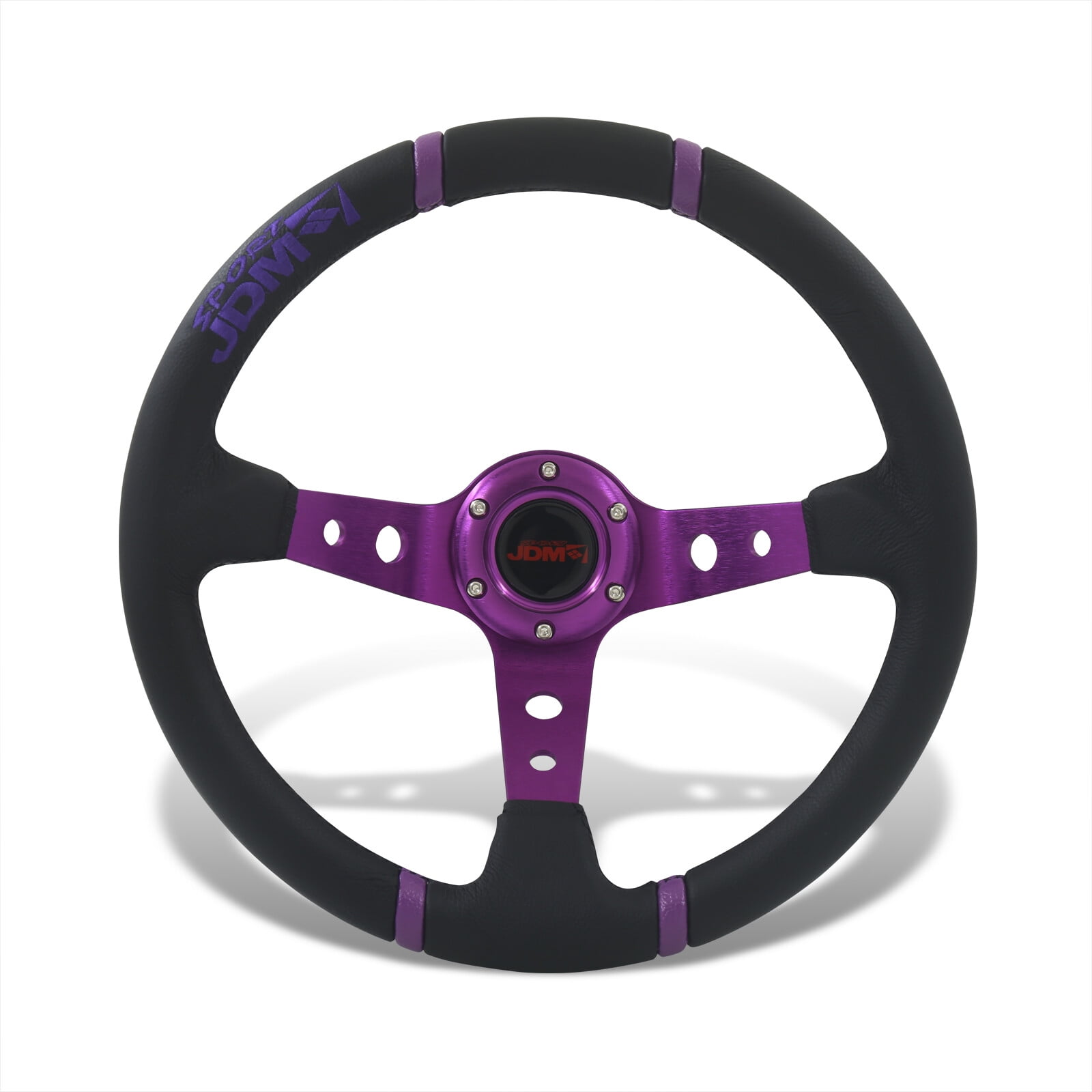 AJP Distributors Universal 350mm 14" Steering Wheel 6 Bolts Holes Black PVC Leather 4 Purple Pin Stripe Light Weight Aluminum 3 Spoke Center Deep Dish Horn Button Grip Stance JDM