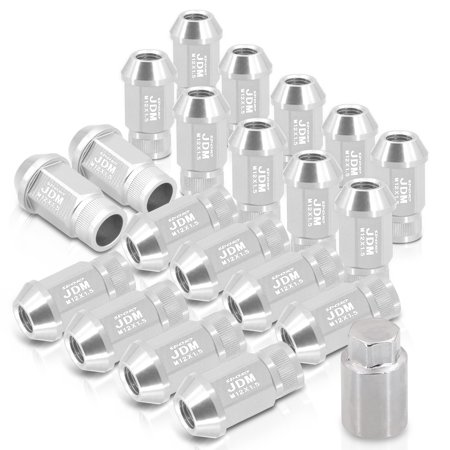 AJP Distributors Universal JDM Sport M12 X 1.5MM Thread Pitch 20-Pieces Hexagonal T-6061 Aluminum Open End Wheels Rims Tuner Lug Nuts Set Kit Anodized Silver w/ Socket Adapter Key