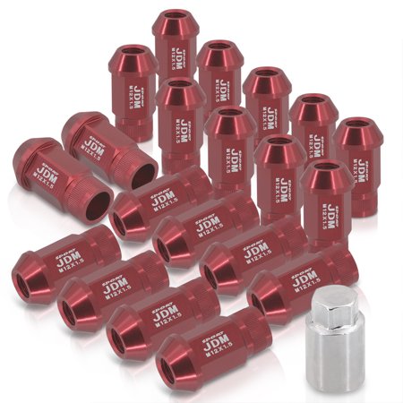 AJP Distributors Universal JDM Sport M12 X 1.5MM Thread Pitch 20-Pieces Hexagonal T-6061 Aluminum Open End Wheels Rims Tuner Lug Nuts Set Kit Anodized Red with Socket Adapter Key