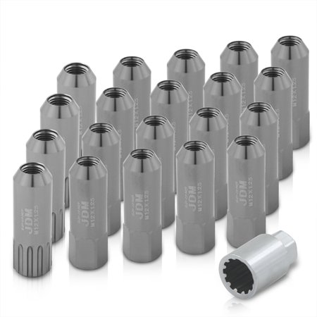 AJP Distributors Universal JDM Sport M12X1.25mm Thread Pitch 20 Piece JDM VIP Extended Hexagonal Aluminum Open End Wheels Rims Tuner Locking Type Lug Nuts Key Set Kit Anodized Gray
