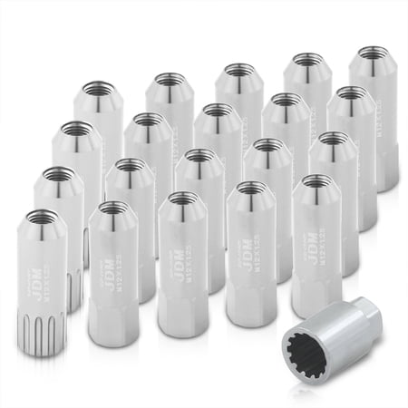 AJP Distributors Universal JDM Sport M12X1.25mm Thread Pitch 20 Piece VIP Extended Hexagonal Aluminum Open End Wheels Rims Tuner Locking Type Lug Nuts Key Set Kit Anodized Silver