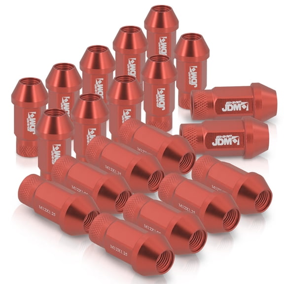 AJP Distributors Upgrade JDM Sport Universal 20-Piece Heavy Duty Aluminum Alloy 50MM Open Ended Cone Tuner Lug Nuts Stud Set Kit Wheels Rims For M12X1.25MM Thread Pitch Anodized Red