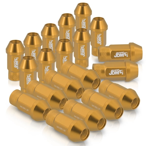 AJP Distributors Upgrade JDM Sport Universal 20-Piece Heavy Duty Aluminum Alloy 50MM Open Ended Cone Tuner Lug Nuts Stud Set Wheels Rims For M12X1.25MM Thread Pitch Anodized Gold
