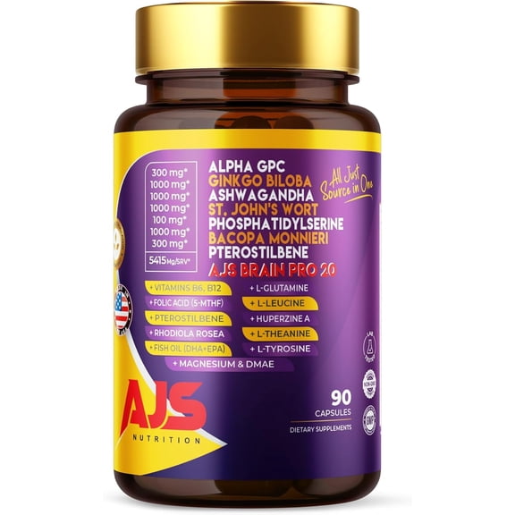 AJS Alpha GPC Nootropic Brain Supplement,Phosphatidylserine,St. John's Wort Ginkgo Biloba,Ashwagandha,Bacopa Monnieri,Pterostilbene,Magnesium Glycinate,Ginkgo Biloba,5-MTHF,Huperzine A 90 CT