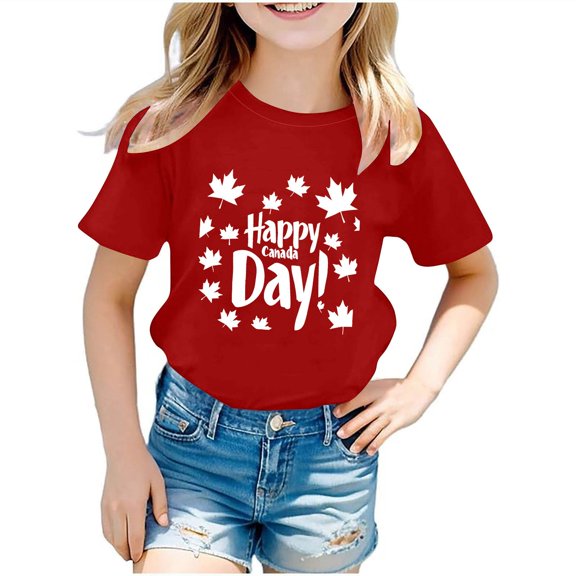 AJTQTH Canada Day Tees for Girls Boys Unisex Cute Maple Novelty Printed Tshirts Summer Casual Short-Sleeve Crewneck Tops Shirts Blouses Outfits Clothes for Holiday Gift Red 4 Years