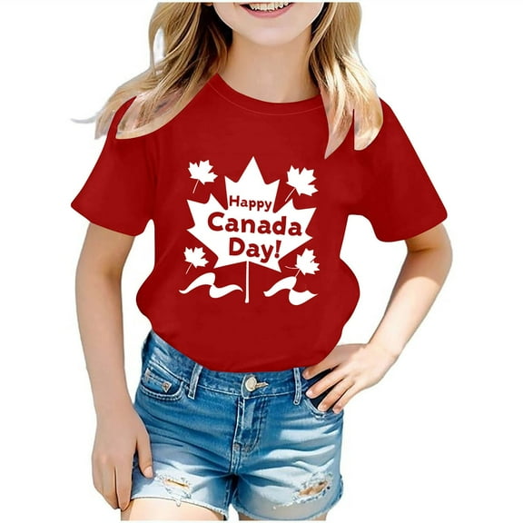 AJTQTH Summer Tees for Girls Boys Unisex Canada Day Maple Novelty Printed Tshirts Short-Sleeve Crewneck Tops Casual Comfy Lightweight Shirts Blouses Gift for Holiday Red 9 Years