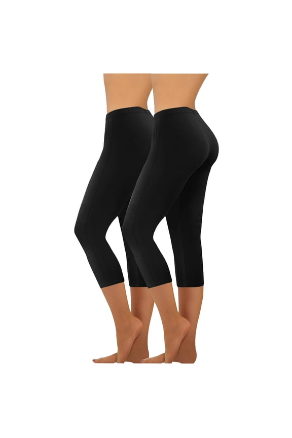 2-Pack Capris Women Skinny Leggings Soft Breathable Stretchy Tights High Waist Comfort Yoga Sports Workout Pants Black M
