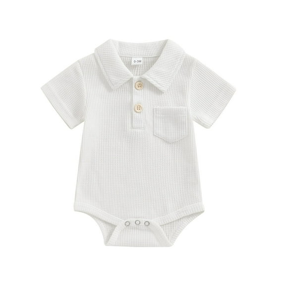 AJTQTH 2PC Set for Baby Infant Newborn Summer Breathable Waffle Knitted Henley Neck Short-Sleeved Button Closure One-Piece Rompers Jumpsuit Bodysuit White 3 Months