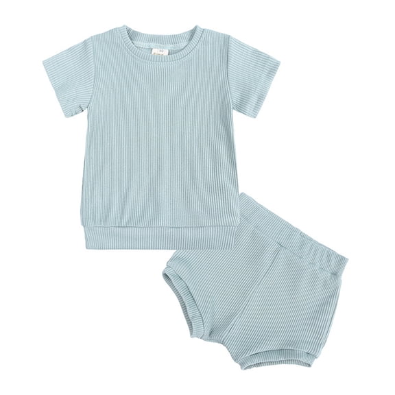 AJTQTH 2PC Set for Baby Summer Cotton Rib-knitted Crewneck Short-Sleeved Solid Tees Tops Tshirts Shirts Blouses+Elastic-Waisted Shorts Unisex Homewear Sleepwear Green 9 Months