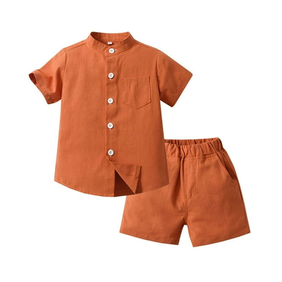 AJTQTH 2PC Set for Boys Summer Casual Band Collar Short-Sleeved Shirts Blouses Elastic-Waisted Shorts with Pockets Tees Tops Tshirts Trunks for Holiday Party Orange 9 Months