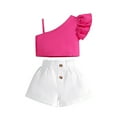 thumbnail image 1 of AJTQTH 2PC Set for Girls Adjustable Strap One-Shoulder Flutter Sleeve Crop Tops Tees and Button Closure Wide-Leg Rolled-Up Shorts Summer Cotton Comfy Cute Clothes Hot Pink 3 Years, 1 of 9