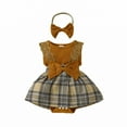 thumbnail image 1 of AJTQTH 2PC Set for Girls Baby Toddler Sleeveless Scoop Neck Lace Patchwork Jumpsuit Bowknot Plaid Ruffled Hem Bodysuit with Hairband Summer Casual Two-Pieces Set Brown 6 Months, 1 of 7