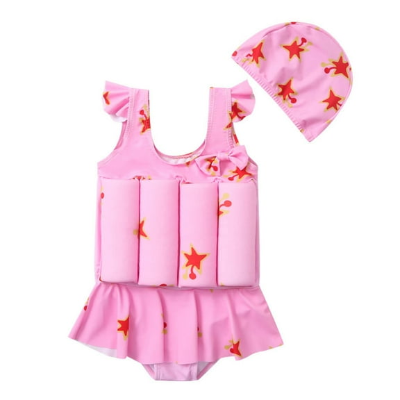 AJTQTH 2PC Swimsuit Set for Girls Toddler Gradient Color Ruffled Flot Swimwear Cute Sleeveless Romper Buoyancy Bathing Suit with Cap Summer Slim Swimming Clothes Pink 4-5 Years