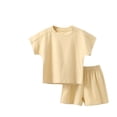 thumbnail image 1 of AJTQTH 2PCs Toddler Kids Girls Boys Solid Color Round Neck Short-Sleeved Tshirts+Elastic-Waisted Shorts Summer Cotton Outfits Beige 4 Years, 1 of 3