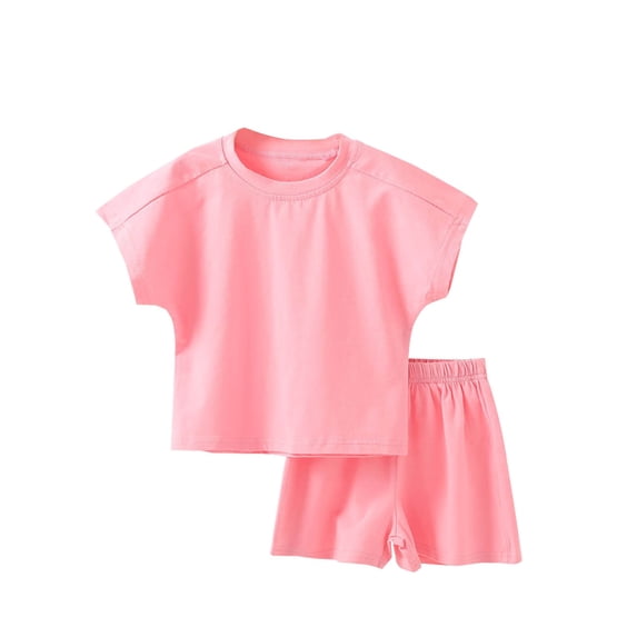 AJTQTH 2PCs Toddler Kids Girls Boys Solid Color Round Neck Short-Sleeved Tshirts+Elastic-Waisted Shorts Summer Cotton Outfits Hot Pink 4 Years