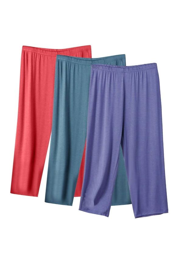 3-Pack Capris for Women Solid Yoga Pants Straight-Leg Elastic Waist Trousers Loose Sport Pants Lounge Pants Purple XL