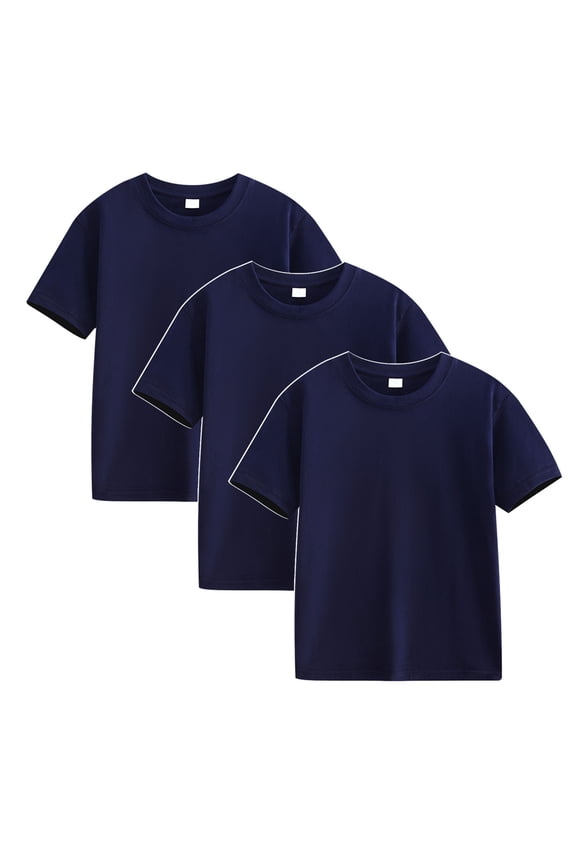 3-Pack T-hirts for Girls Boys Kids Cute Solid Color Tshirts Round Neck Short Sleeve Cotton Tees Breathable Summer Casual Tops Navy 9 Years