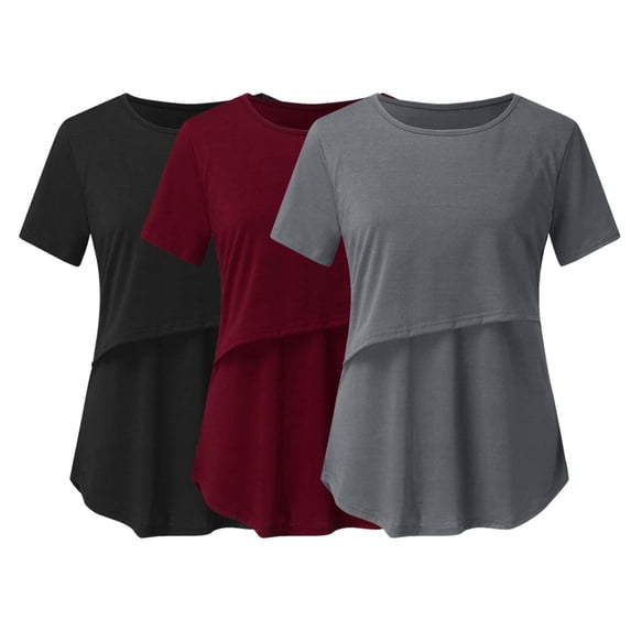 AJTQTH 3PC Pack Nursing Tshirts for Women Stylish Solid Color Ruffled Tees Crewneck Short-Sleeved Tunic Loose Fit Tops Blouses Pregnancy Clothes for Summer Casual Dark Gray S