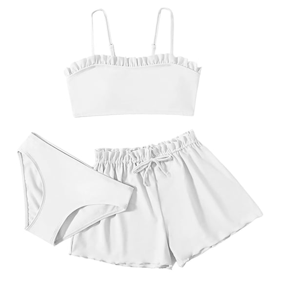 AJTQTH 3PC Set for Girls Kids Summer Cute Cotton Comfy Solid Swimsuit Swimming Clothes Soft Swimwear Two-Pieces Bikini+Elastic Drawstring Shorts White 8 Years