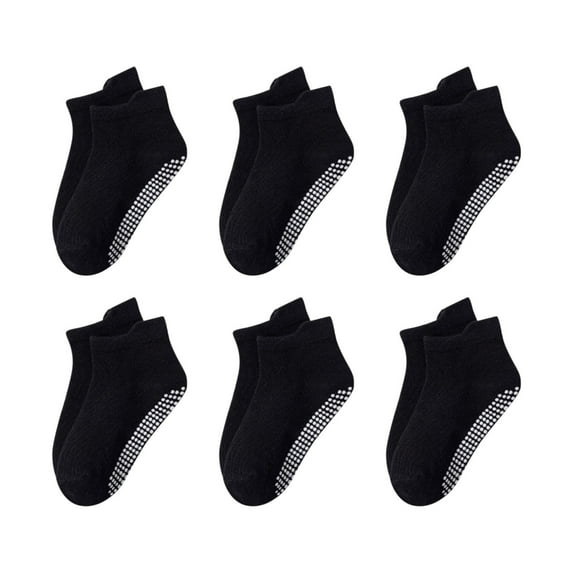 AJTQTH 6-Pack Toddler Socks with Grips Anti-Slip Cotton Crew Socks for Infant Newborn Girls Boys Solid Breathable Soft Non-Slip Socks Black 1 Years