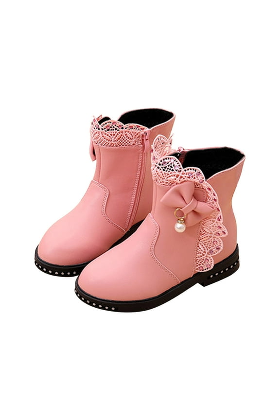 Ankle High Boots for Girls Lace Trim Faux Leather Shoes Low-Heel Soft Soled Cowboy Booties Pearl Pendant Bows Side Zipper Boots Anti-Slip Shoes Pink 29