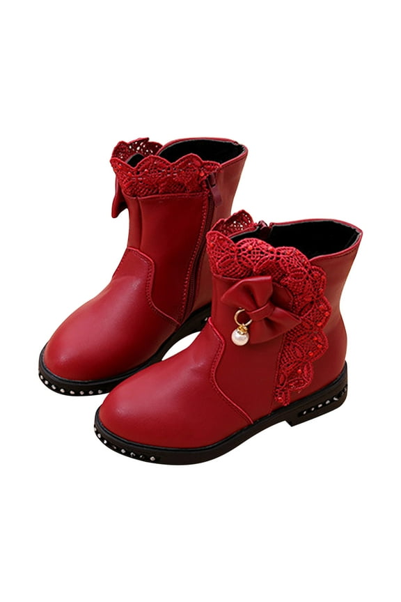 Ankle High Boots for Girls Lace Trim Faux Leather Shoes Low-Heel Soft Soled Cowboy Booties Pearl Pendant Bows Side Zipper Boots Anti-Slip Shoes Wine 30