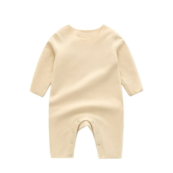 AJTQTH Baby Cotton Comfy Base Layer Rompers Infant Toddler Solid Color Crewneck Long-Sleeved Full Length Jumpsuit Onesie Underwear Clothes Outfits Khaki 12 Months