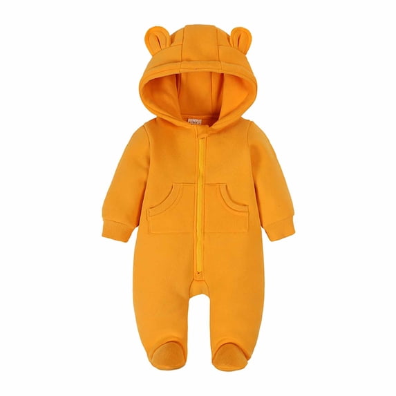 AJTQTH Baby Fall and Winter Thickened Rompers Solid Color Footie Snowsuit Long-Sleeved Hooded Jumpsuit Zipper Cute Cartoon Onesie with Pockets Casual Outfits Yellow 0-3 Months