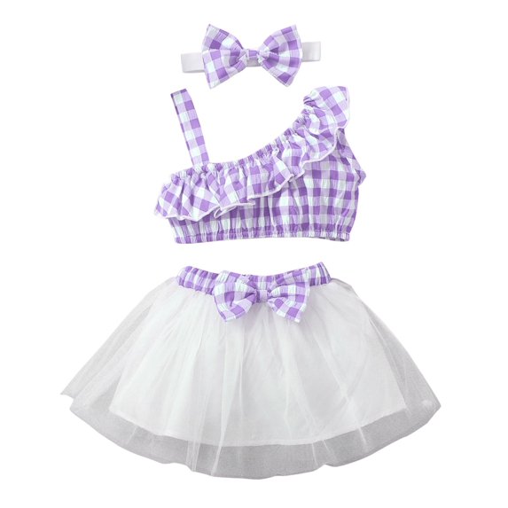 AJTQTH Baby Girls Clothes One-Shoulder Sleeveless Plaid Ruffles Cropped Tops+Elastic Waist Mesh Short Skirts+Bows Headband Summer Three-Piece Set Purple 12 Months