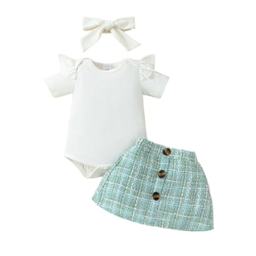 Children's Ruffled Ribbed Bodysuit and Skirt Set with Headband